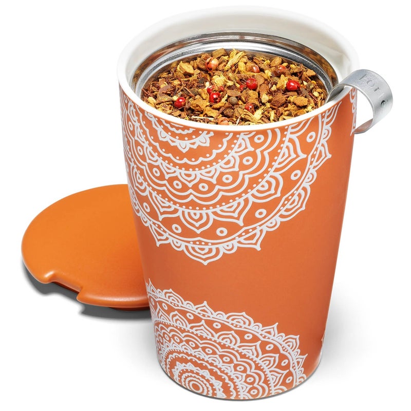 Tea Forte كوب كاتي السيراميكي مزدوج الجدار من تي فورت، سلة مصفاة ستانلس ستيل قابلة للإزالة وغطاء، ينقع 12 أونصة من الشاي السائب، آمن في غسالة الصحون والميكروويف، تشاكرا - Image 4